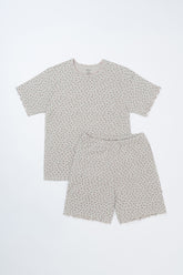 Flat lay of AVAUMA Berry Cream short-sleeve pajama set in floral pattern